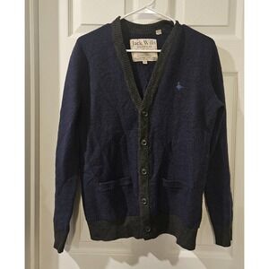 Jack Wills Men's Merino Wool Button Front Cardigan XS Blue Gray Trim Prep Knit